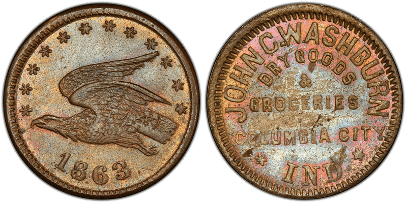 (1863) Brass Civil War Store Card F-175F-1b, John C. Washburn IN