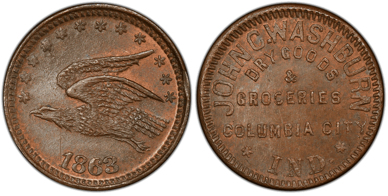 (1863) Copper Civil War Store Card F-175F-2a, John C. Washburn IN