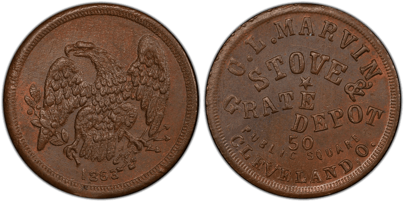 (1863) Copper Civil War Store Card F-175K-1a, C.L. Marvin OH