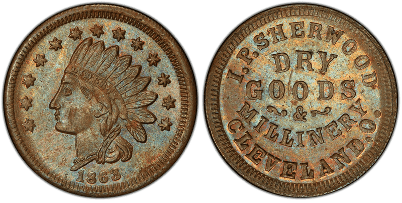 (1863) Copper Civil War Store Card F-175M-1a, I. P. Sherwood OH