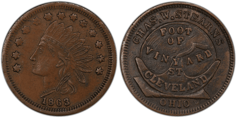 (1863) Copper Civil War Store Card F-175O-2a, Chas. W. Stearns OH