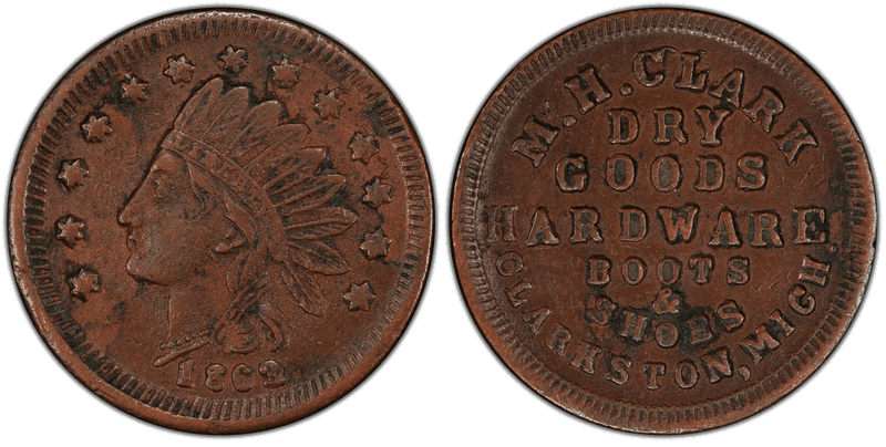 (1863) Copper Civil War Store Card F-180A-1a, M.H. Clark MI