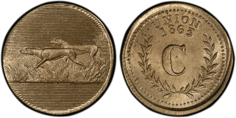 (1863) Civil War Patriotic Token F-184/427d, Union-Hunting Dogs
