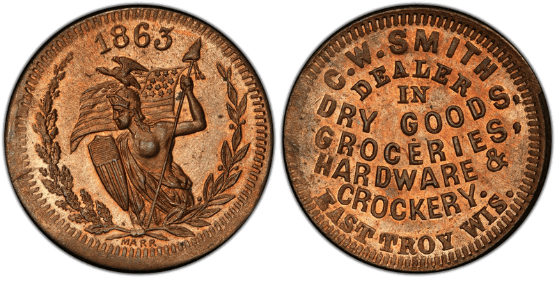 (1863) Copper-Nickel Civil War Store Card F-185A-3d, C.W. Smith WI