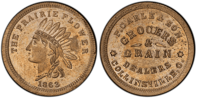 (1863) Copper-Nickel Civil War Store Card F-185A-8d, P. Carle & Son OH