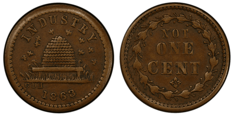 (1863) Brass Civil War Patriotic Token F-188/384b, Industry-Not One Cent