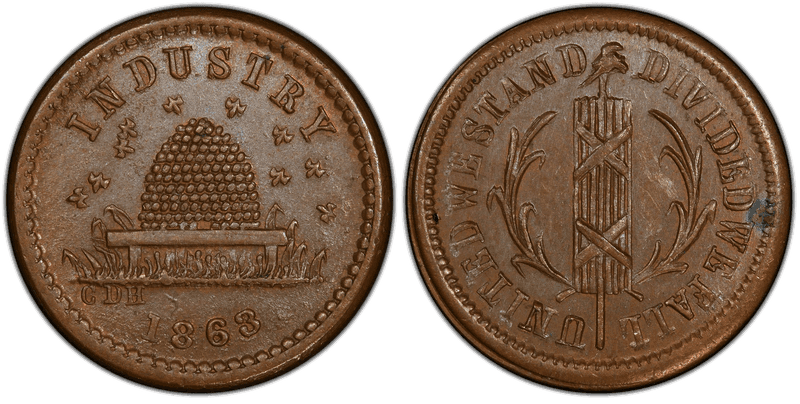 (1863) Copper Civil War Patriotic Token F-188/435a, Industry-United We Stand