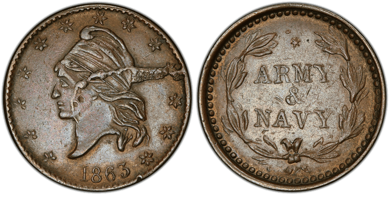 (1863) Copper Civil War Patriotic Token F-18/305a, Army & Navy
