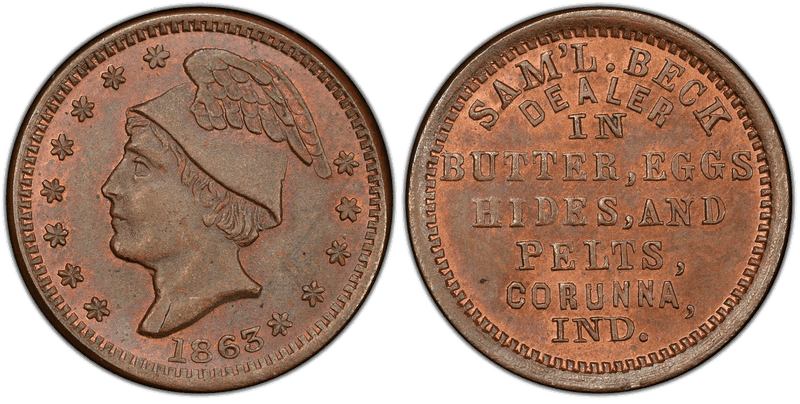 (1863) Copper Civil War Store Card F-190A-1a, Sam'l Beck IN