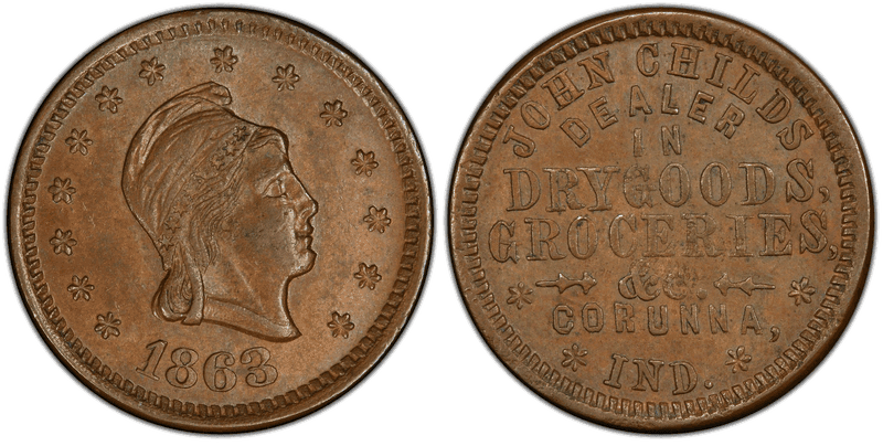 (1863) Copper Civil War Store Card F-190C-1a, John Childs IN