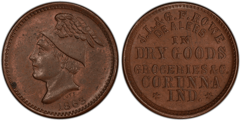 (1863) Copper Civil War Store Card F-190D-4a, J.L. & G.F. Rowe IN