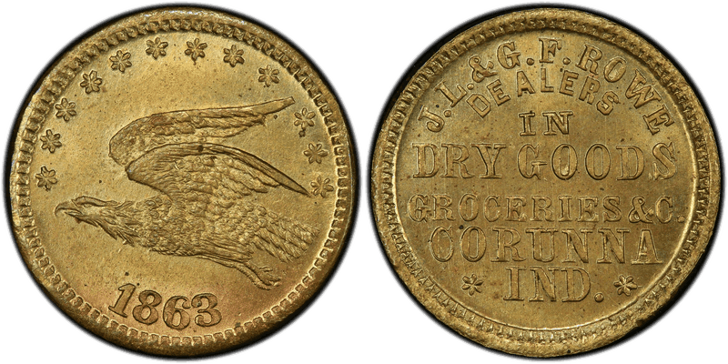 (1863) Brass Civil War Store Card F-190D-5b, J.L. & G.F. Rowe IN