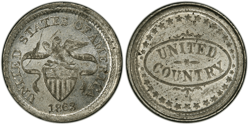 (1863) White Metal Civil War Patriotic Token F-198/436e, United Country