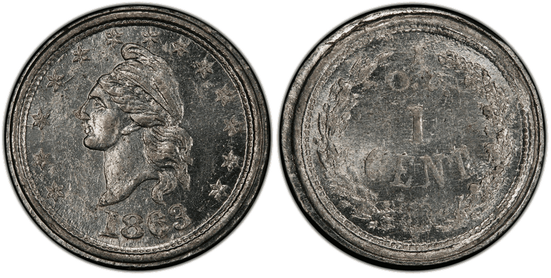 (1863) White Metal Civil War Patriotic Token F-1/391e, I.O.U. 1 Cent
