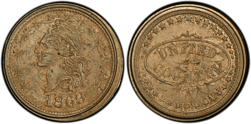 (1863) Copper-Nickel Civil War Patriotic Token F-1/436do, Strk Over 1859 C-N 1C Patriotic Cent