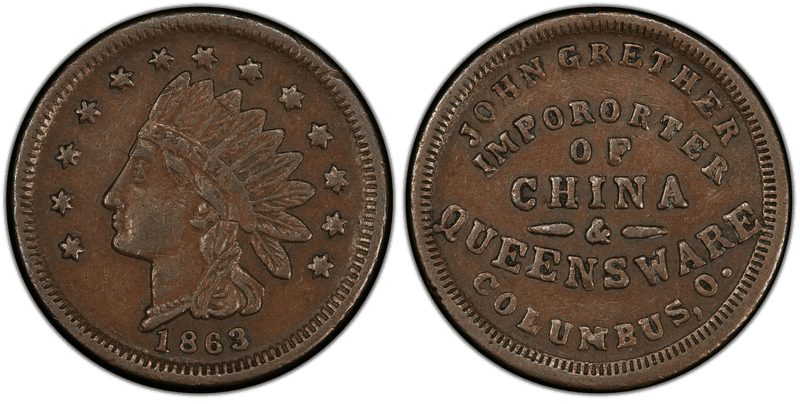 (1863) Copper Civil War Store Card F-200A-3a, John Grether OH