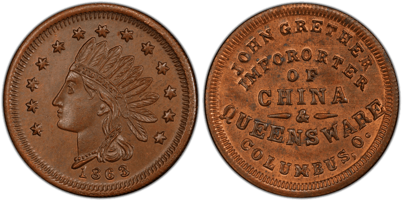 (1863) Copper Civil War Store Card F-200A-6a, John Grether OH