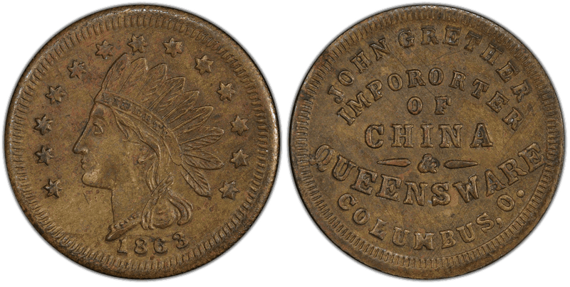 (1863) Brass Civil War Store Card F-200A-6b, John Grether OH