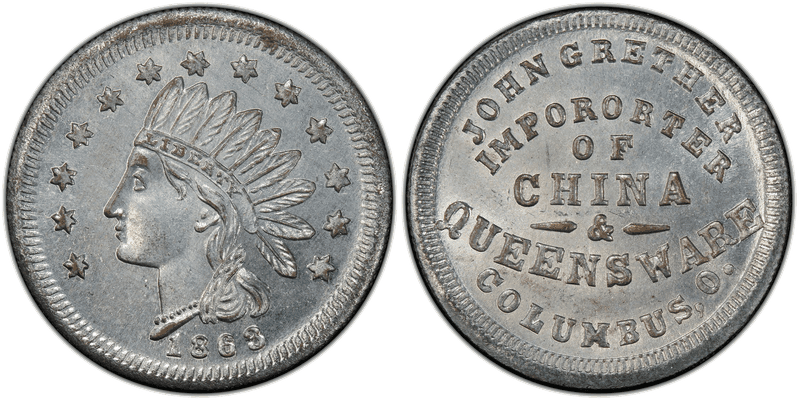 (1863) Zinc Civil War Store Card F-200A-6i, John Grether OH