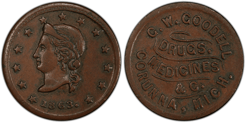 (1863) Copper Civil War Store Card F-200B-1a, G.W. Goodell MI