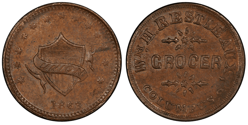 (1863) Copper Civil War Store Card F-200F-2a, W.M.H. Restieaux OH