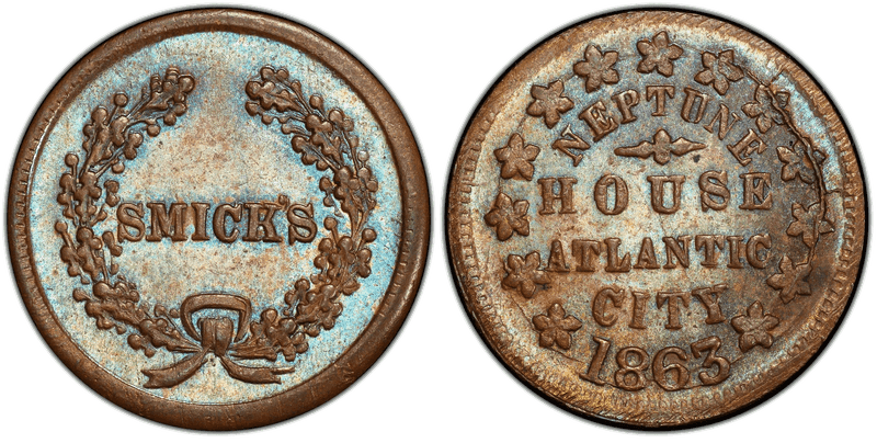 (1863) Copper Civil War Store Card F-20A-1a, Thin Plan Smick's NJ