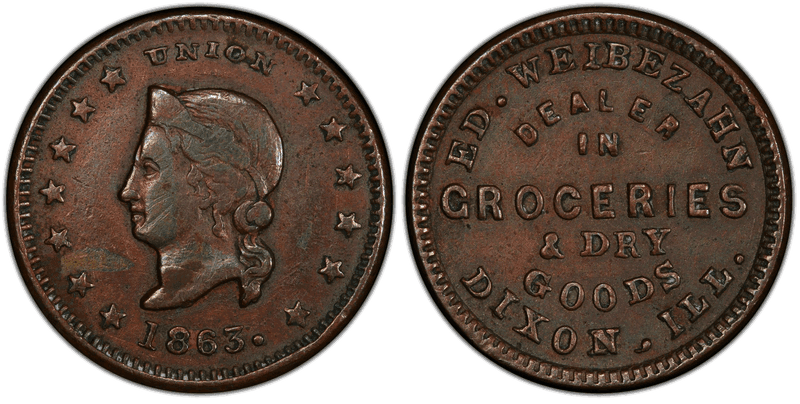 (1863) Copper Civil War Store Card F-210A-1a, Ed. Weibezahn IL