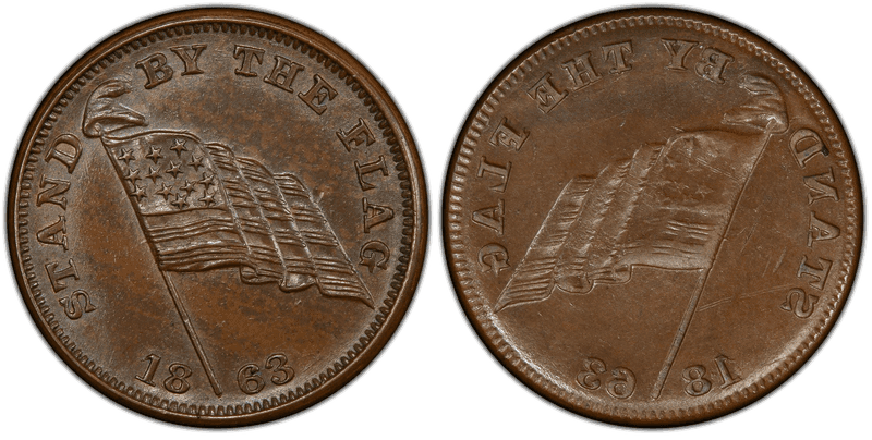(1863) Copper Civil War Store Card F-213, Full Brockage Stand By The Flag
