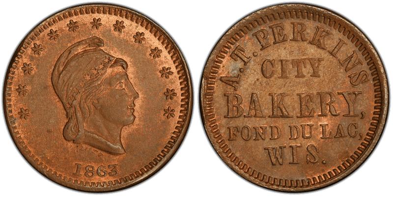 (1863) Copper Civil War Store Card F-220I-2a, A.T. Perkins WI