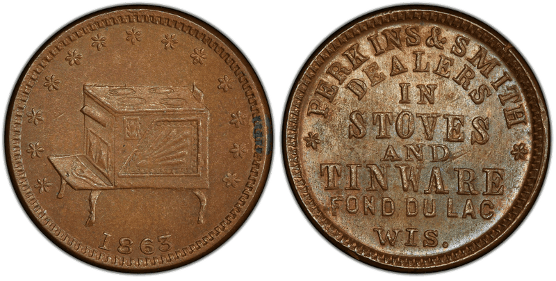 (1863) Copper Civil War Store Card F-220J-2a, Perkins & Smith WI