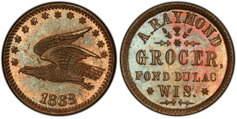 (1863) Copper Civil War Store Card F-220L-2a, A. Raymond WI