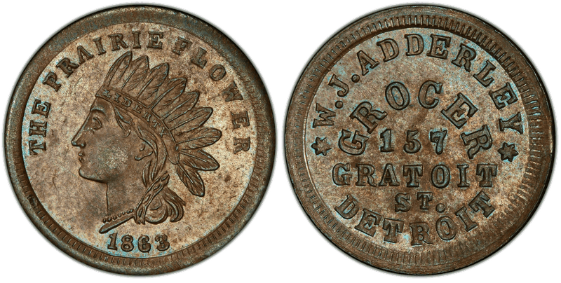 (1863) Copper Civil War Store Card F-225A-3A, W.J. Adderley MI