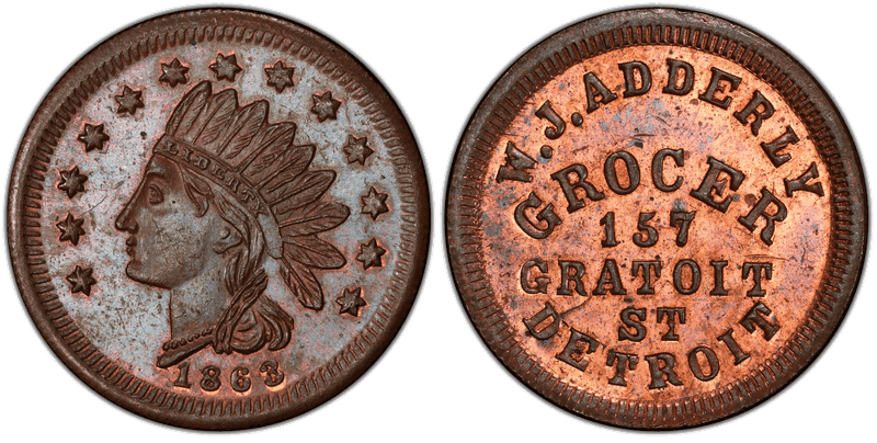 (1863) Copper Civil War Store Card F-225A-6a, W.J. Adderly MI