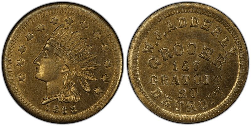(1863) Brass Civil War Store Card F-225A-6b, W.J. Adderly MI