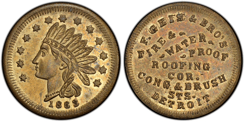 (1863) Brass Civil War Store Card F-225AE-2b, F. Geis & Bro's MI