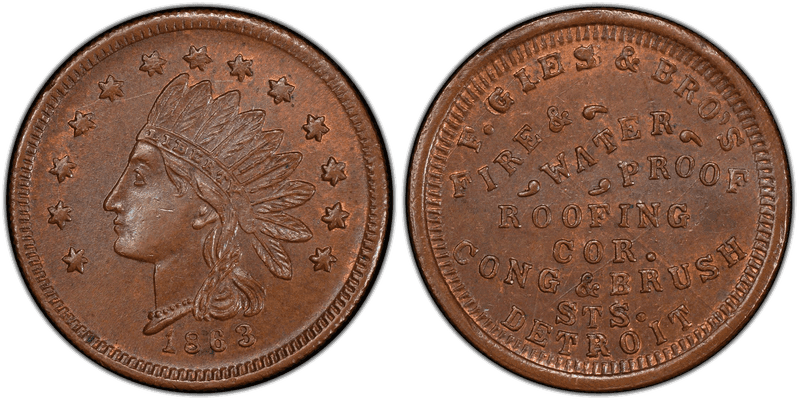 (1863) Copper Civil War Store Card F-225AE-6a, F. Geis & Bro's MI