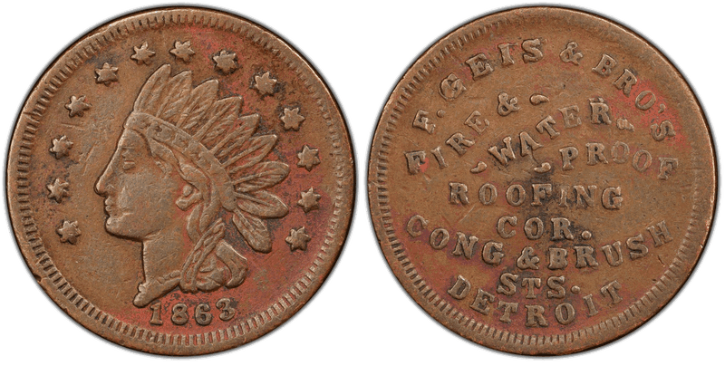 (1863) Copper Civil War Store Card F-225AEa-5a, F. Geiss & Bro's MI
