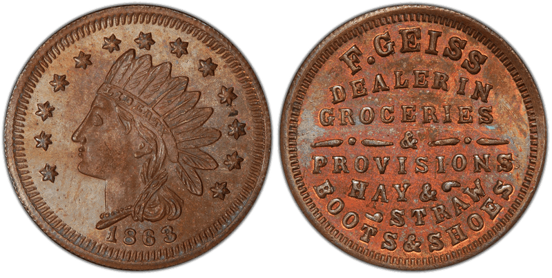 (1863) Copper Civil War Store Card F-225AFa-2a, F. Geiss MI