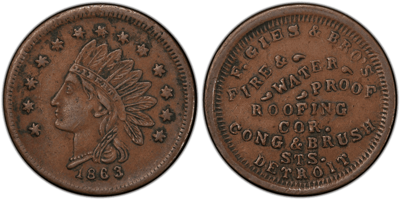 (1863) Copper Civil War Store Card F-225AG-1a, F. Gies & Bro's MI