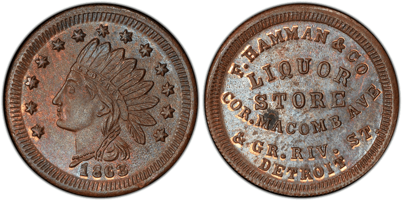 (1863) Copper Civil War Store Card F-225AI-1a, Hamman & Co MI