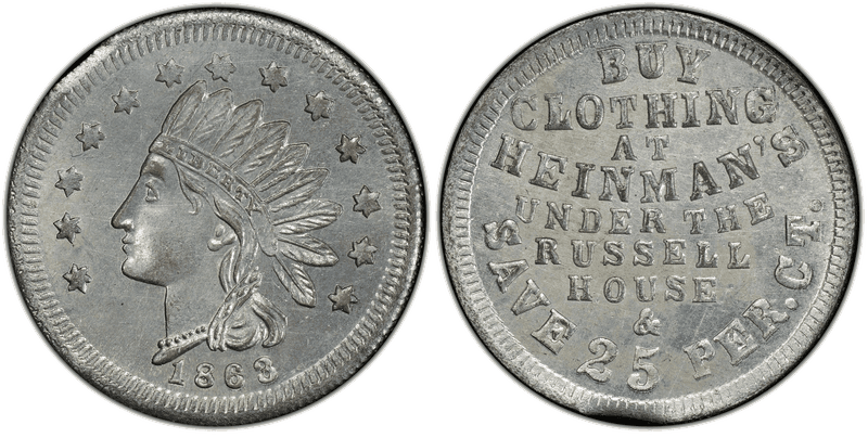 (1863) Zinc Civil War Store Card F-225AJ-2i, Heinman's MI