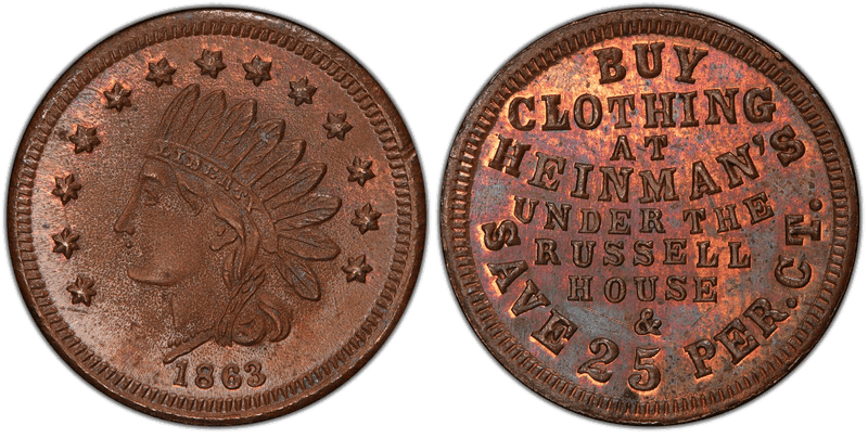 (1863) Copper Civil War Store Card F-225AJa-1a, Heinman's MI