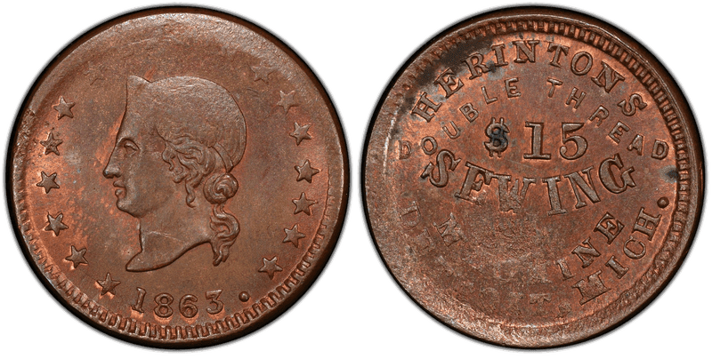 (1863) Copper Civil War Store Card F-225AK-1a, Herintons MI