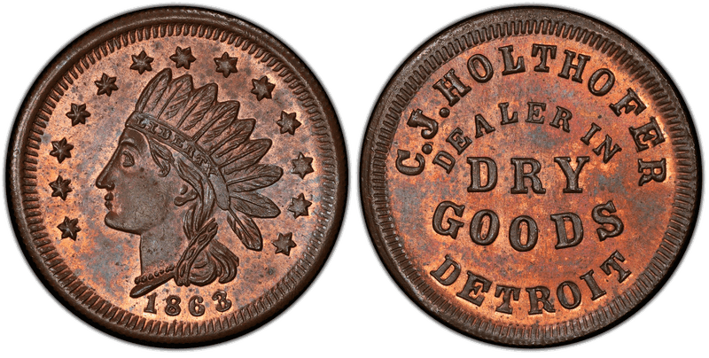 (1863) Copper Civil War Store Card F-225AO-4a, C.J. Holthofer MI