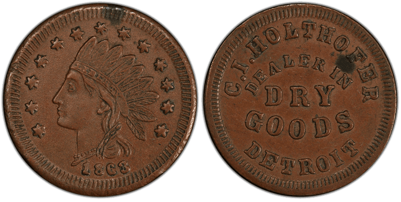 (1863) Copper Civil War Store Card F-225AO-6a, C.I. Holthofer MI