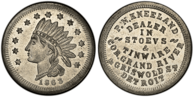 (1863) Zinc Civil War Store Card F-225AR-3i, P.N. Kneeland MI