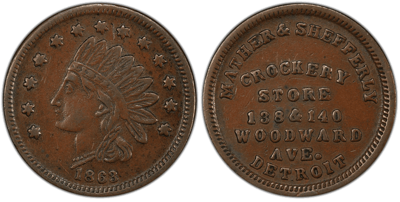 (1863) Copper Civil War Store Card F-225AX-1a, Mather & Shefferly MI