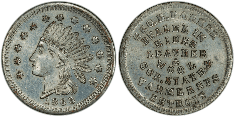 (1863) Nickel Civil War Store Card F-225BB-3I, Plated Geo. H. Parker MI