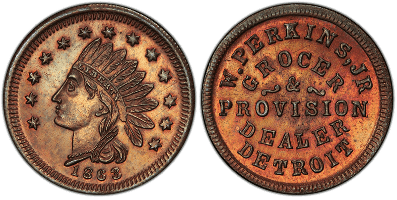(1863) Copper Civil War Store Card F-225BD-2a, W. Perkins, Jr MI