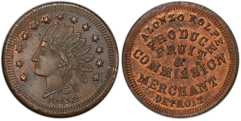 (1863) Copper Civil War Store Card F-225BK-1a, Alonzo Rolfe MI